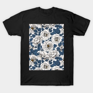 White roses with blue leaves on white T-Shirt